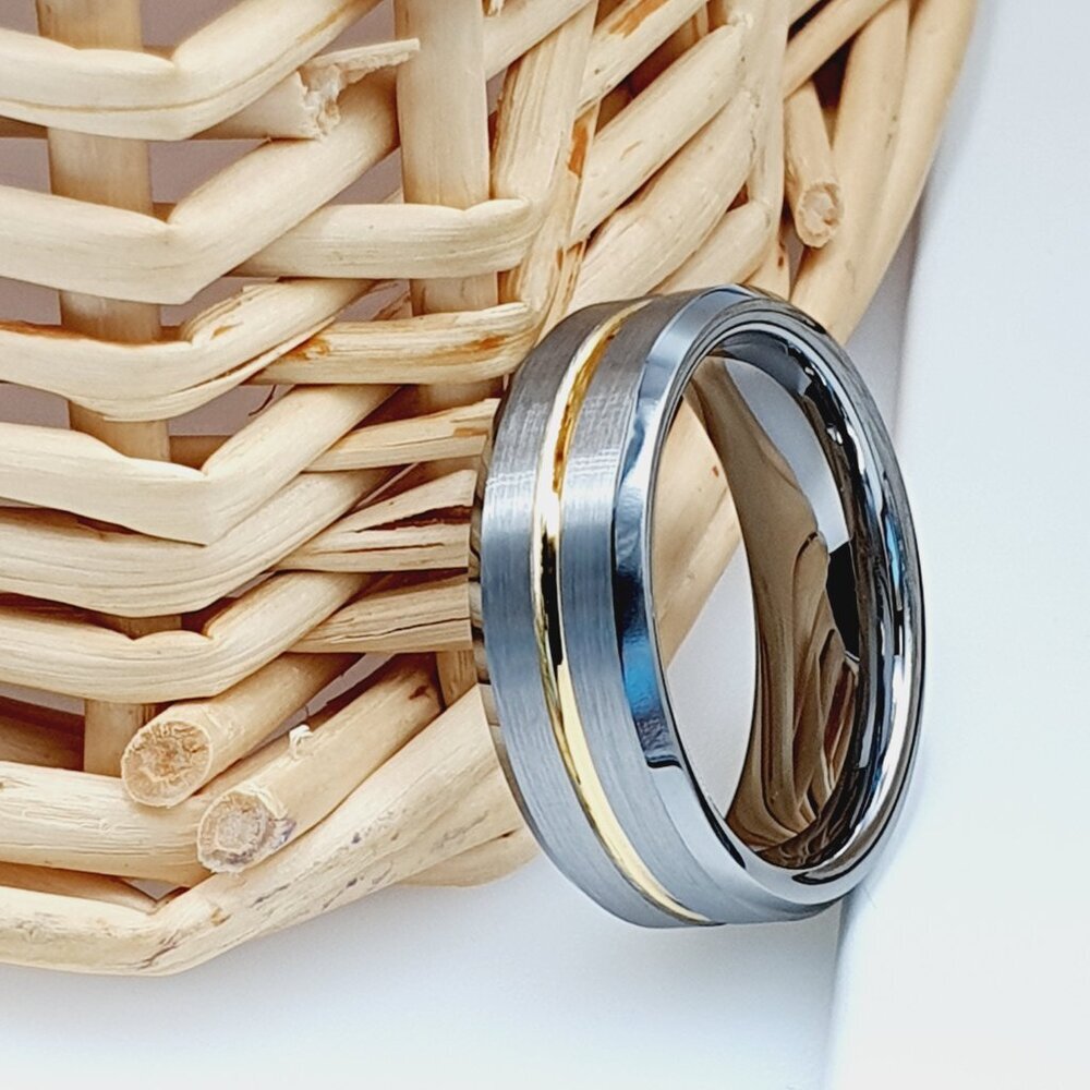 Two-Tone Tungsten Carbide Ring with Gold Groove Accent W131 - Picture 4 of 5
